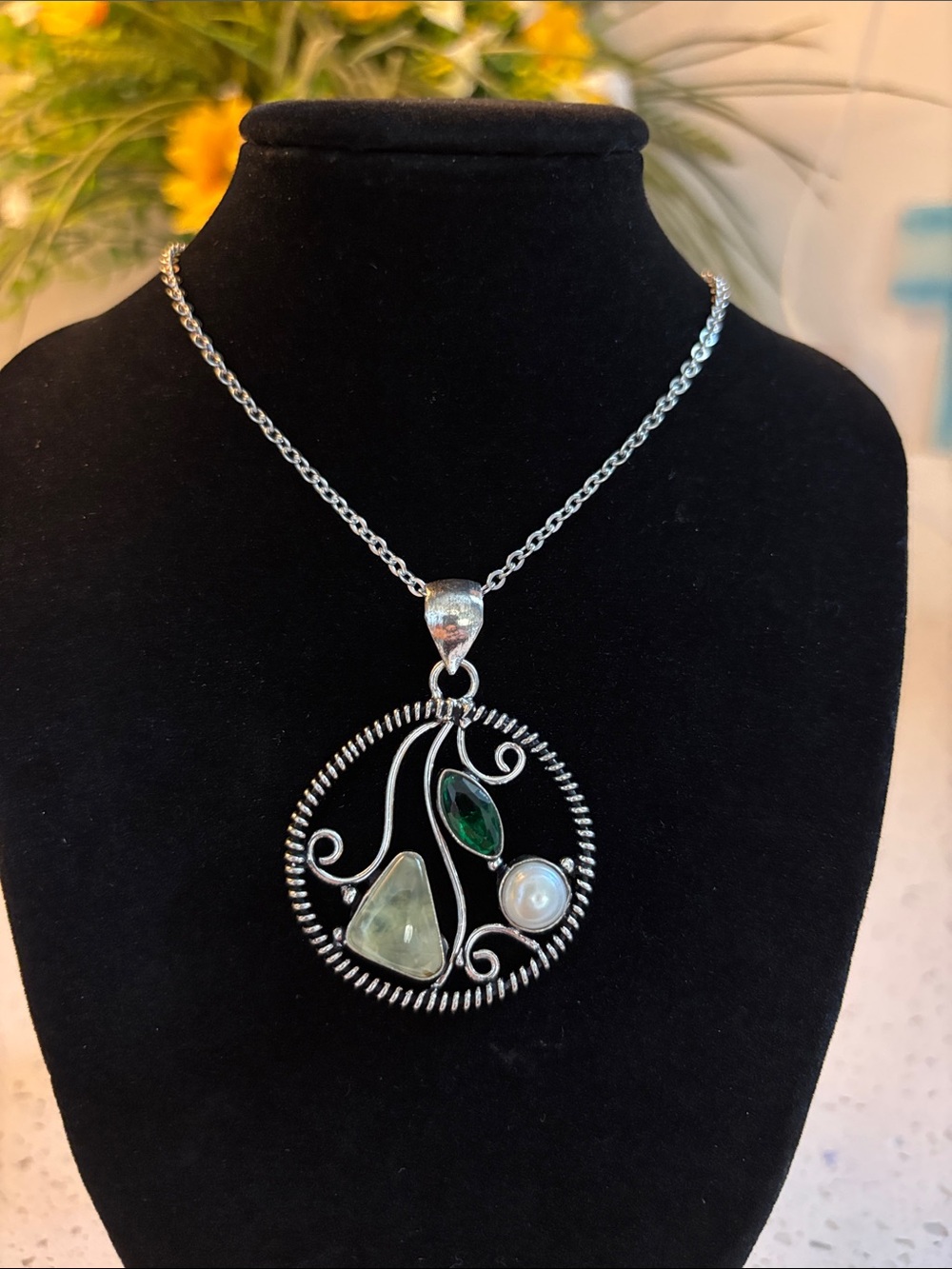 Sterling Silver Prehnite Green Quartz Gemstone Pendant Necklace